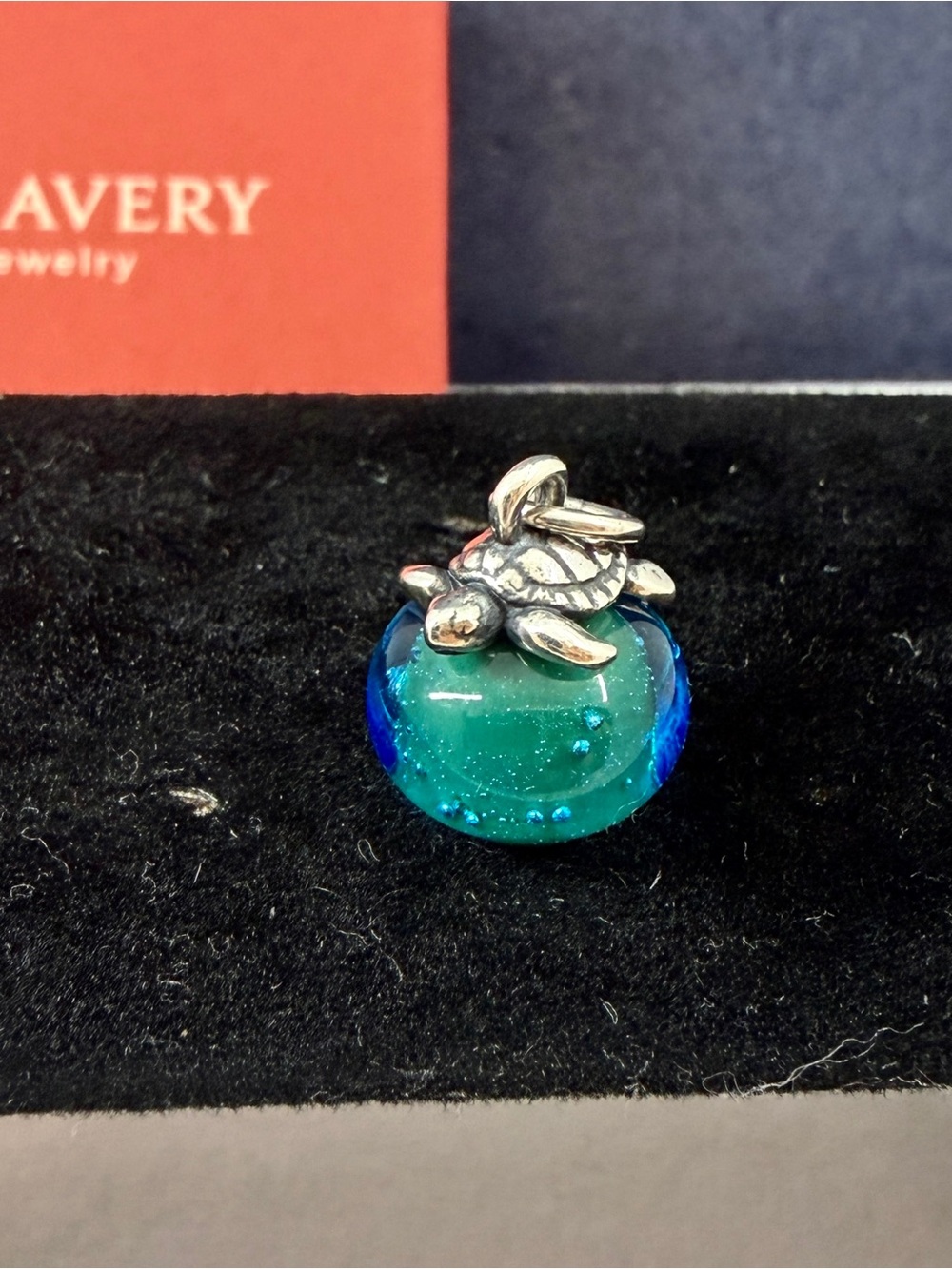 JAMES AVERY Sterling Silver Blue Green Glass Sea Turtle Finial Charm; RETIRED